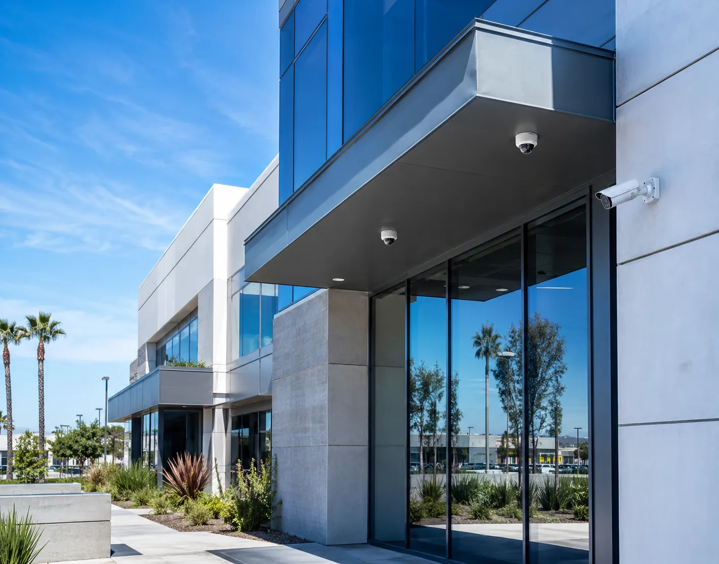 Commercial building with security cameras