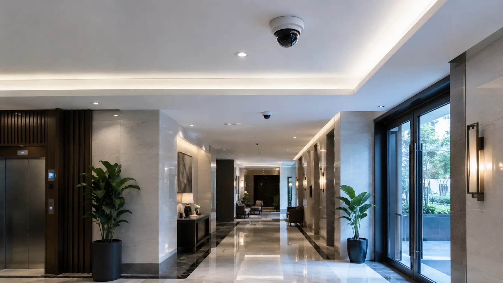 Hotel lobby and hallway with ceiling-mounted dome cameras