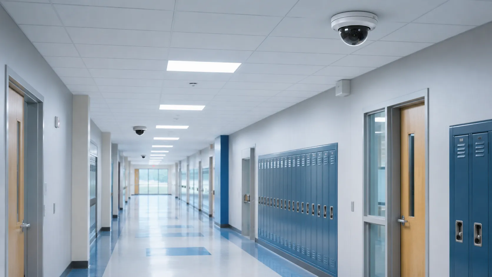 School corridor with ceiling-mounted dome cameras and lockers