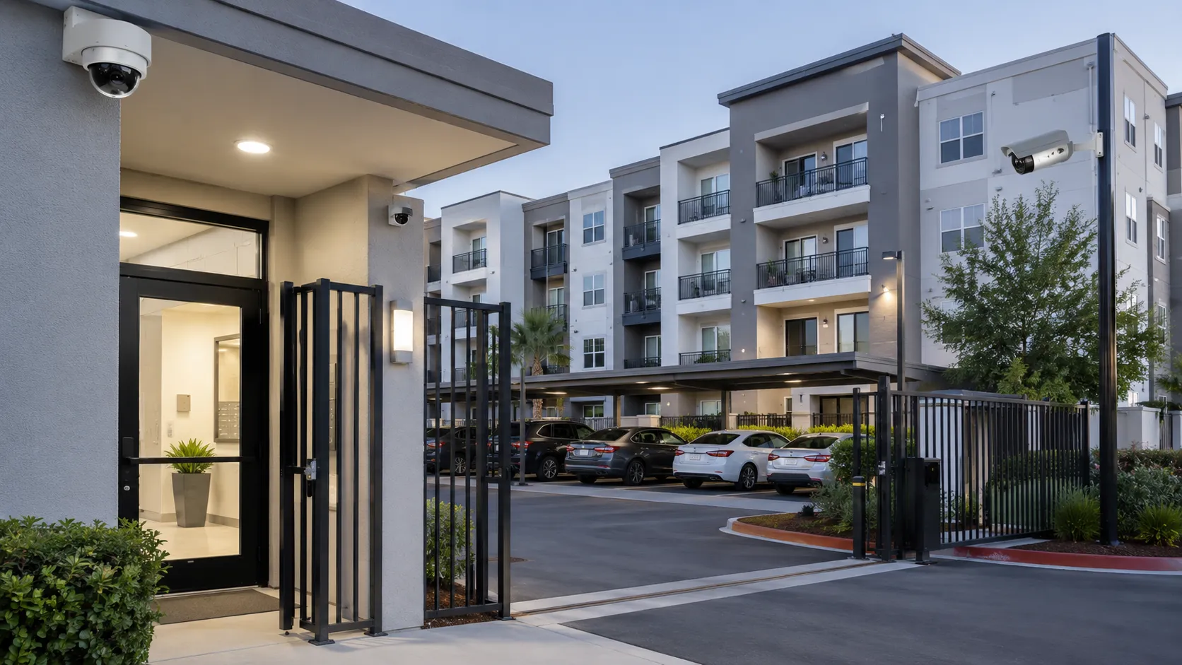 Apartment complex entry and gated parking with cameras