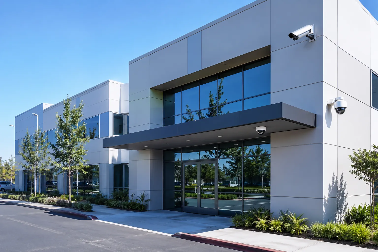 Modern commercial office building exterior with bullet and dome cameras