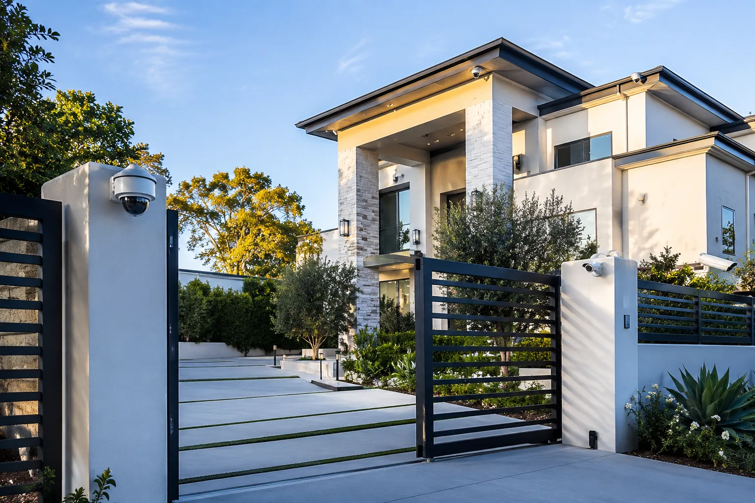 Luxury home entrance with gated driveway and dome and bullet cameras