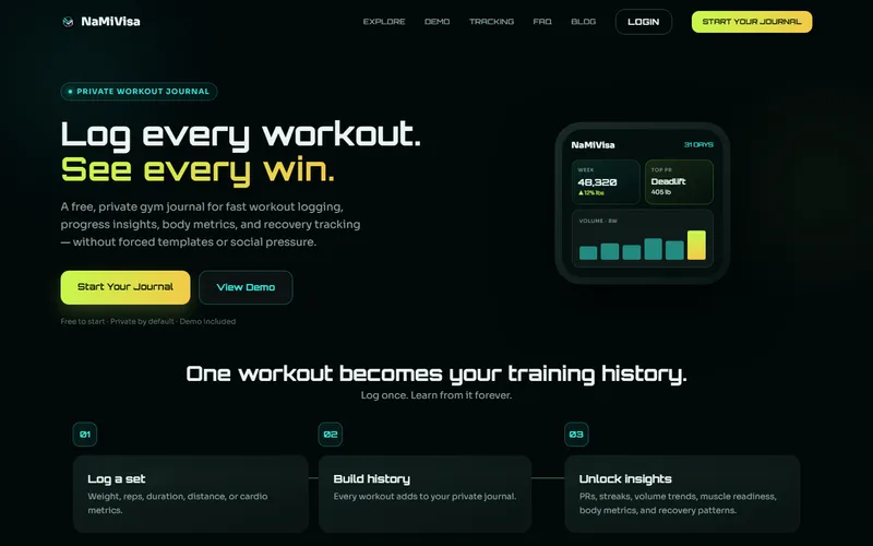 NaMiVisa — Private Workout Journal — desktop view