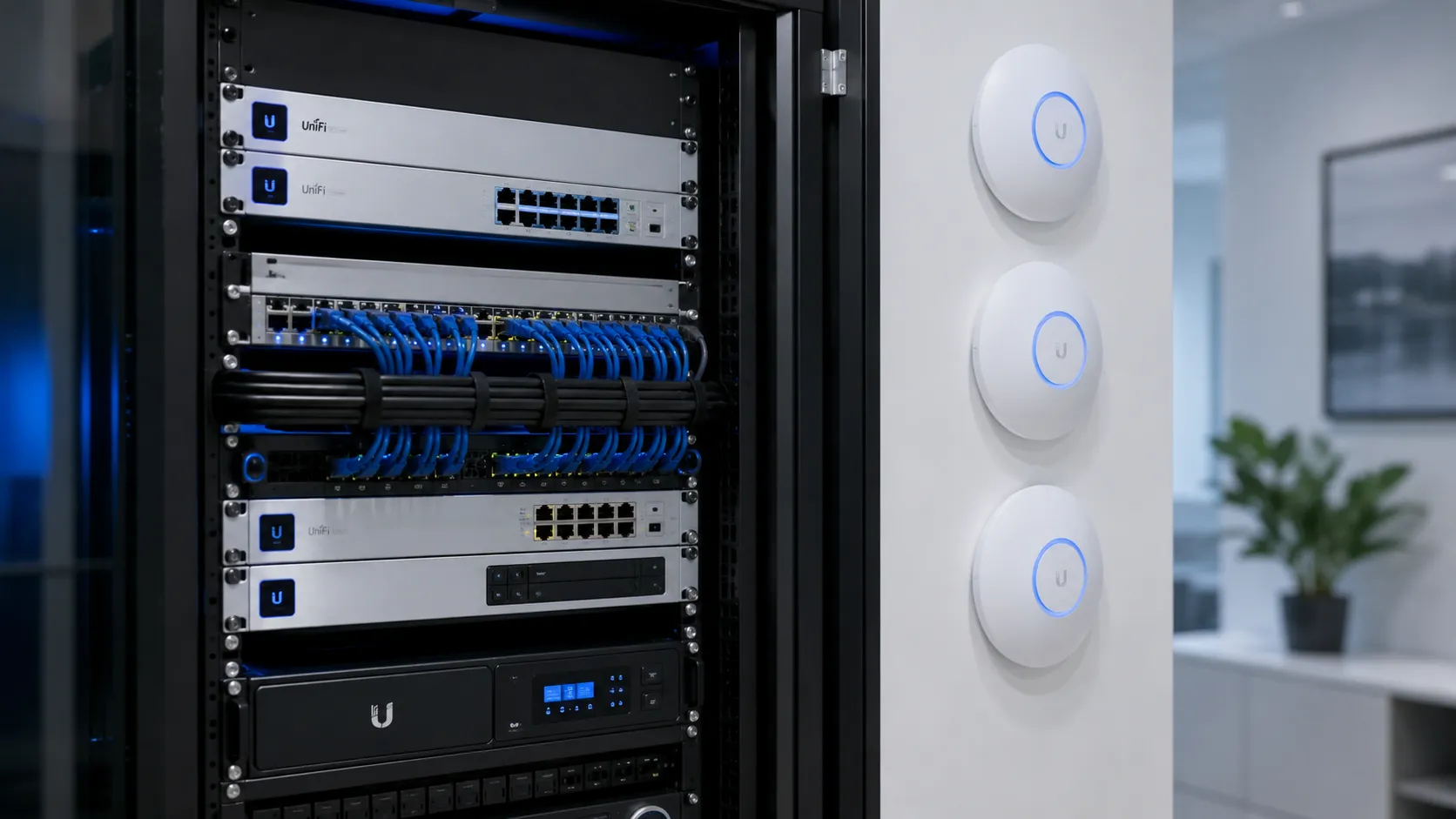 UniFi network rack with switches and wall-mounted access points