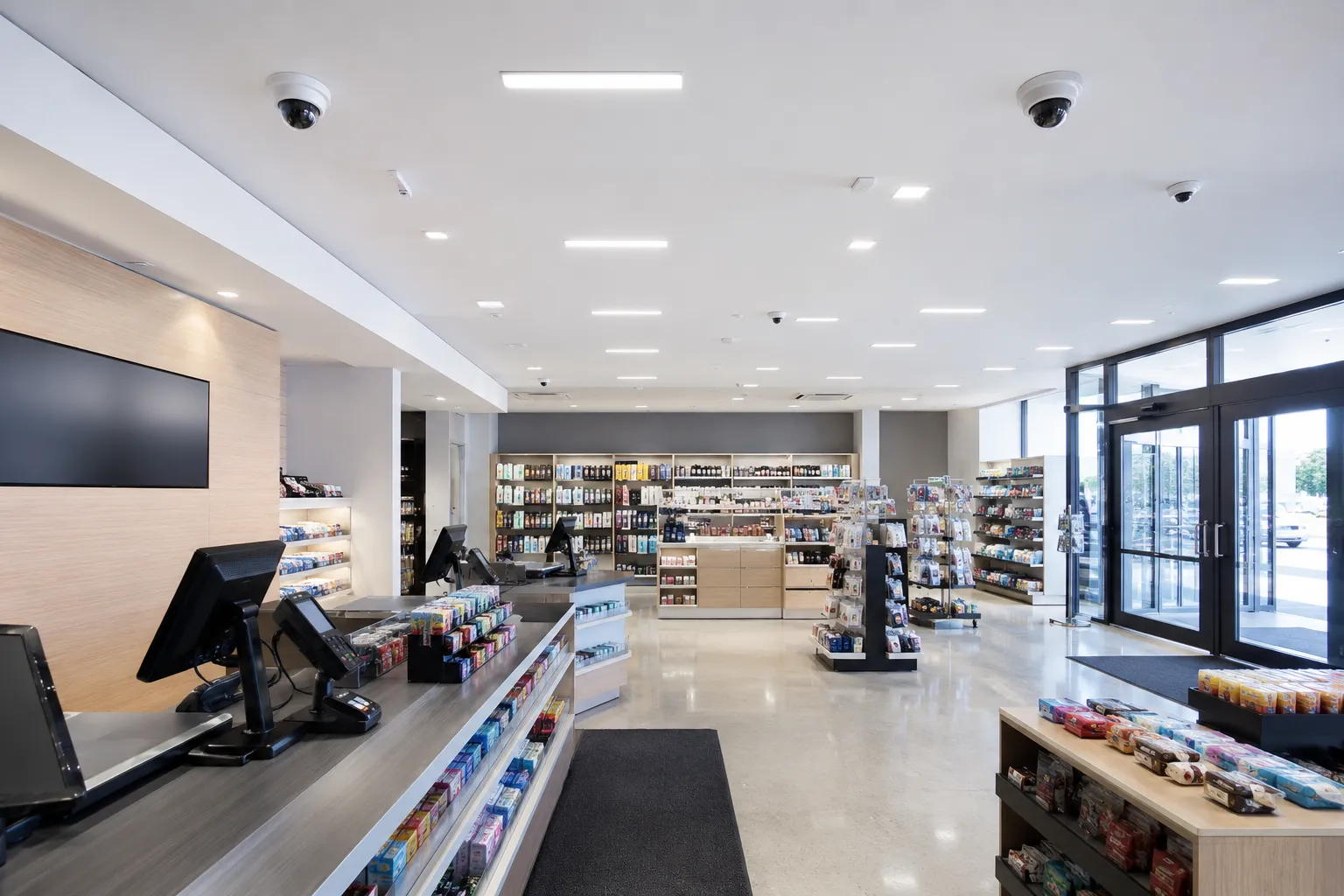 Retail store floor with checkout registers and ceiling dome cameras