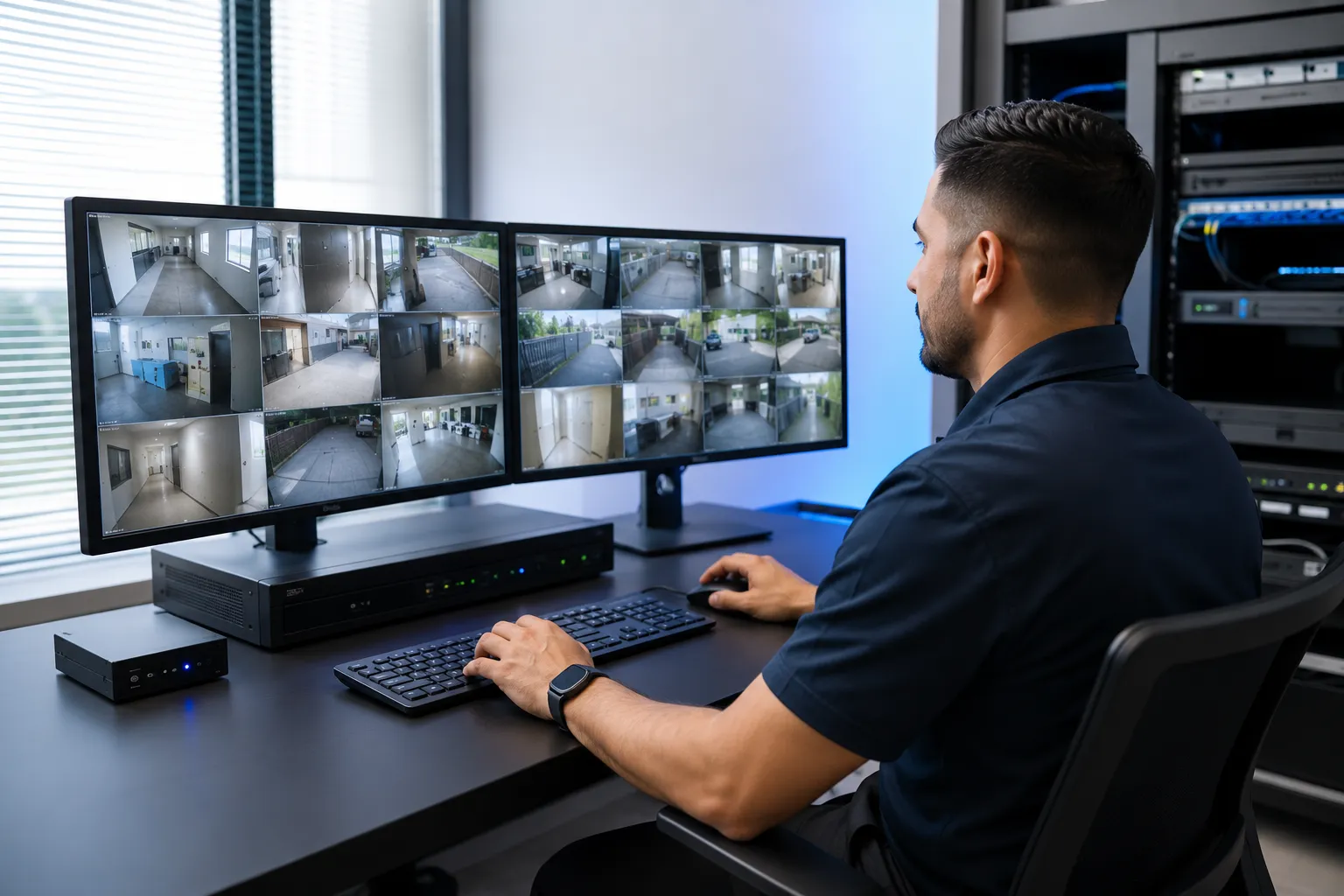 Technician monitoring live camera feeds on dual displays at an NVR station