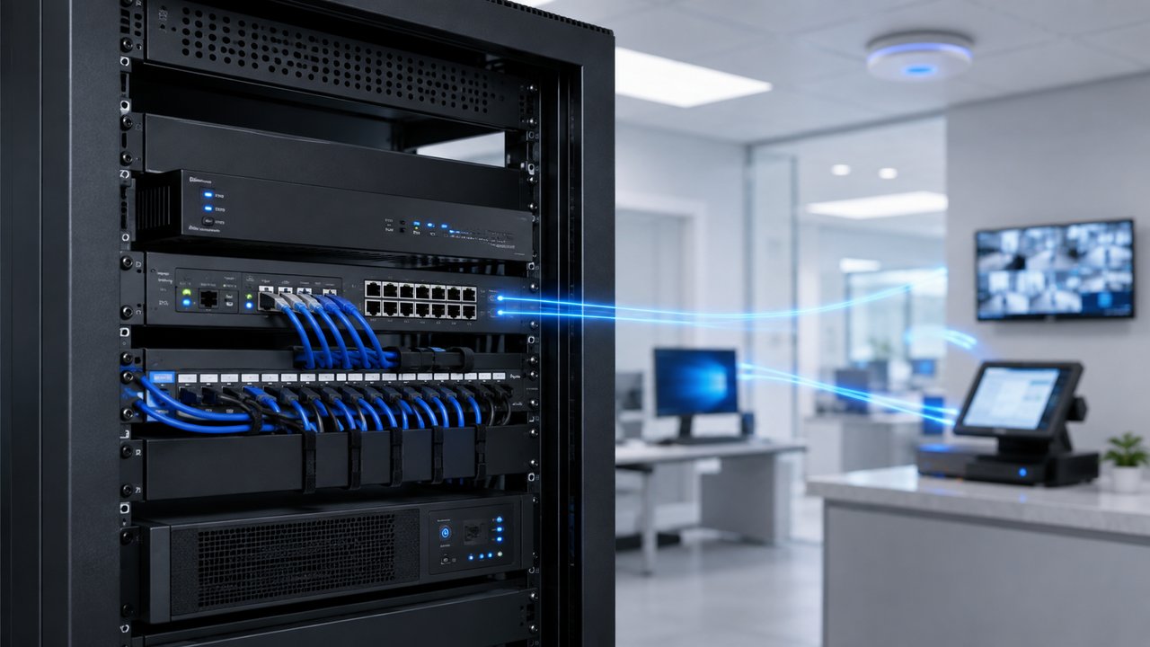 Business network rack with switch, router, and firewall equipment