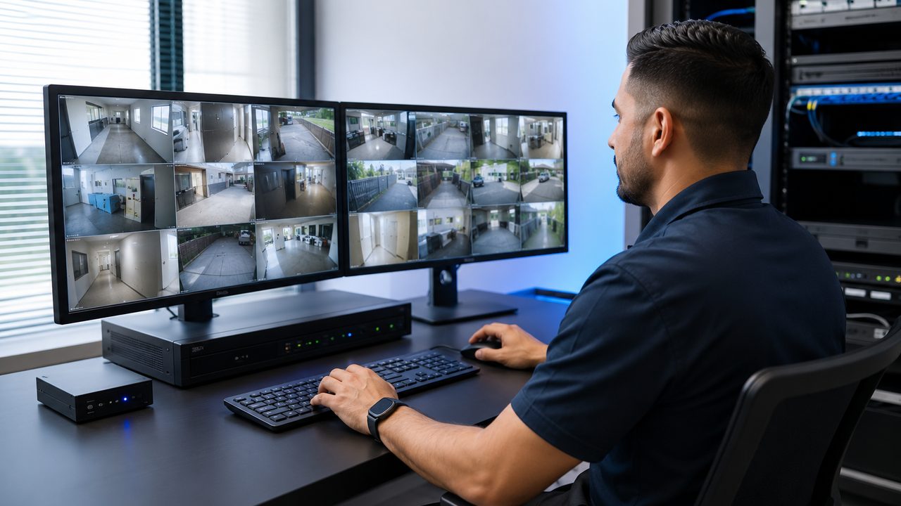 Technician reviewing multi-camera NVR footage on dual monitors in front of a network server rack