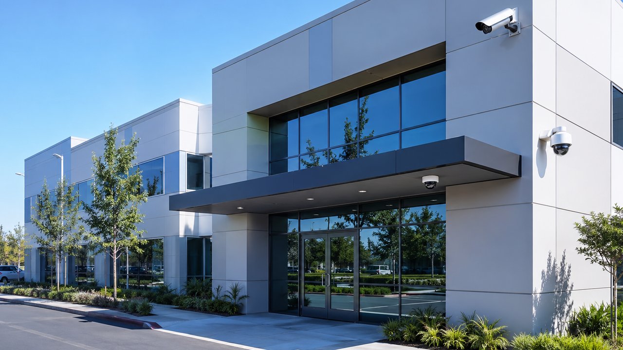 Modern commercial building entrance with a security camera mounted above the glass doors