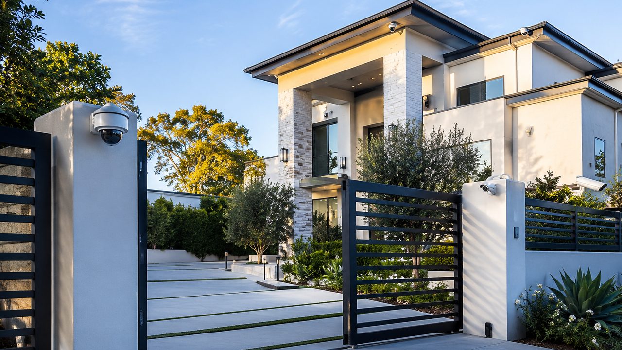 Home exterior with a gated driveway and security camera coverage