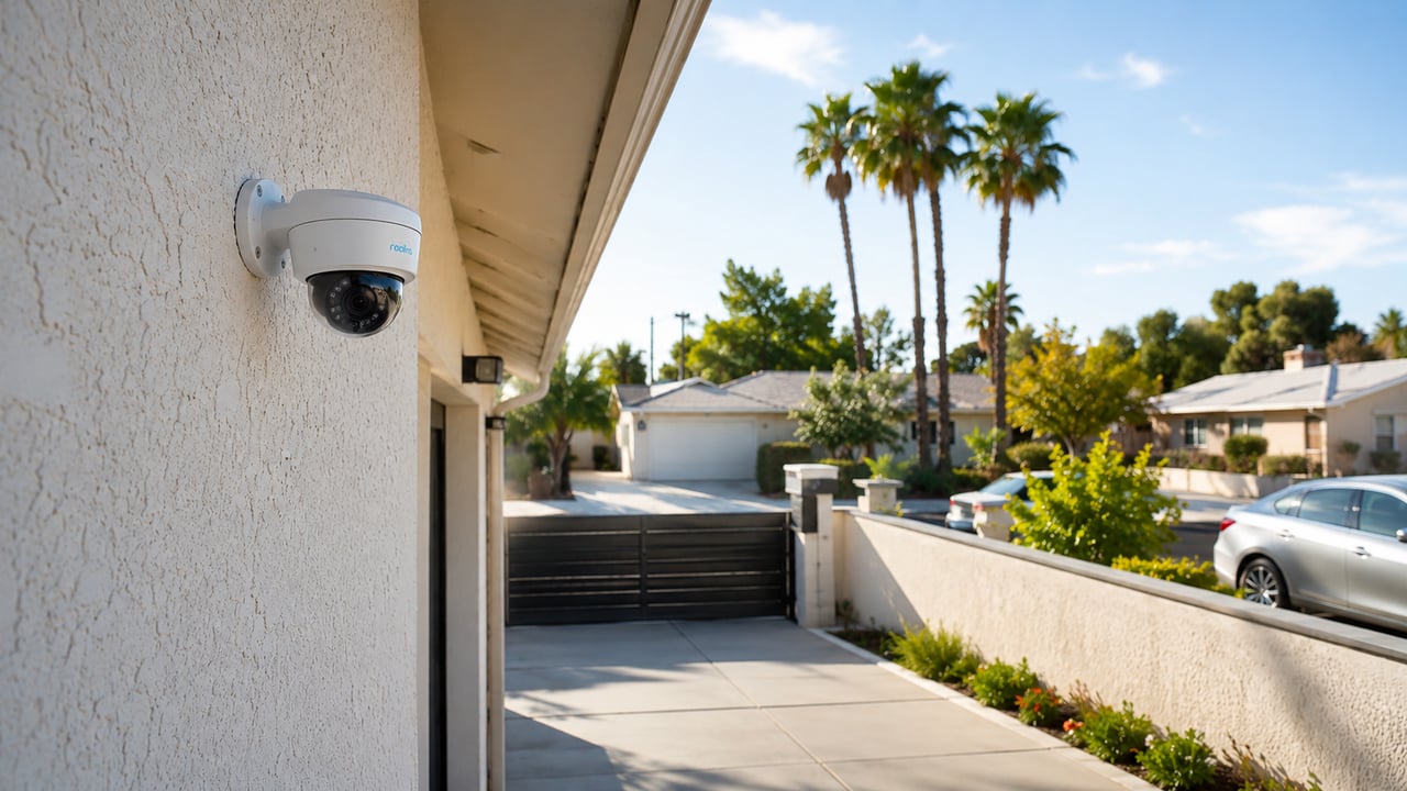 Security camera mounted on the exterior of a Los Angeles home, covering the driveway and front yard
