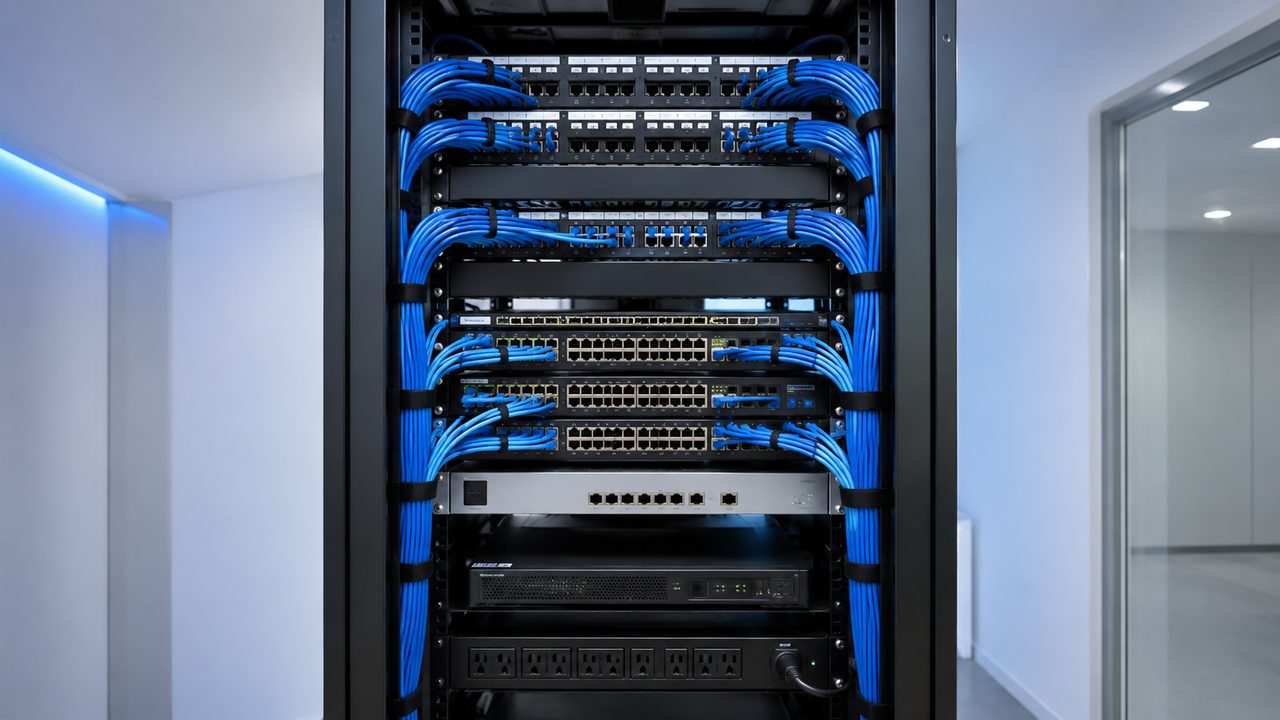Technician reviewing network switches and cabling in a business server rack during an IT infrastructure assessment