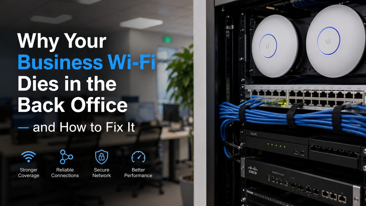 UniFi access points and Cisco network rack for business Wi-Fi installation