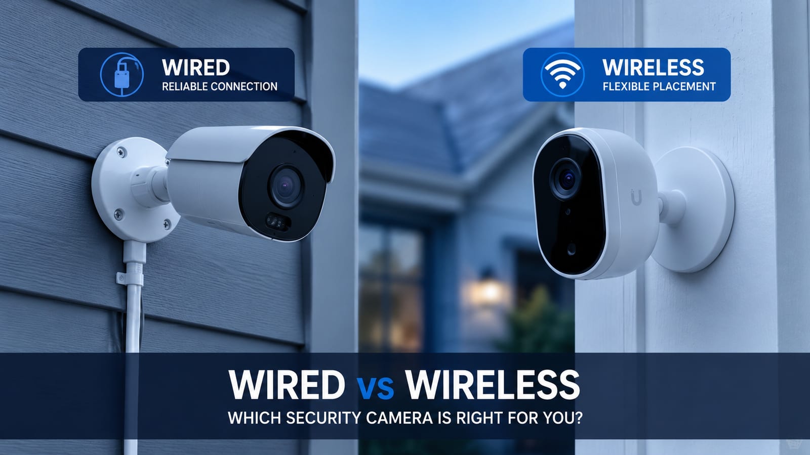 Side-by-side comparison of a hardwired security camera with a routed cable and a wireless camera on an adhesive mount, installed on a Los Angeles home exterior